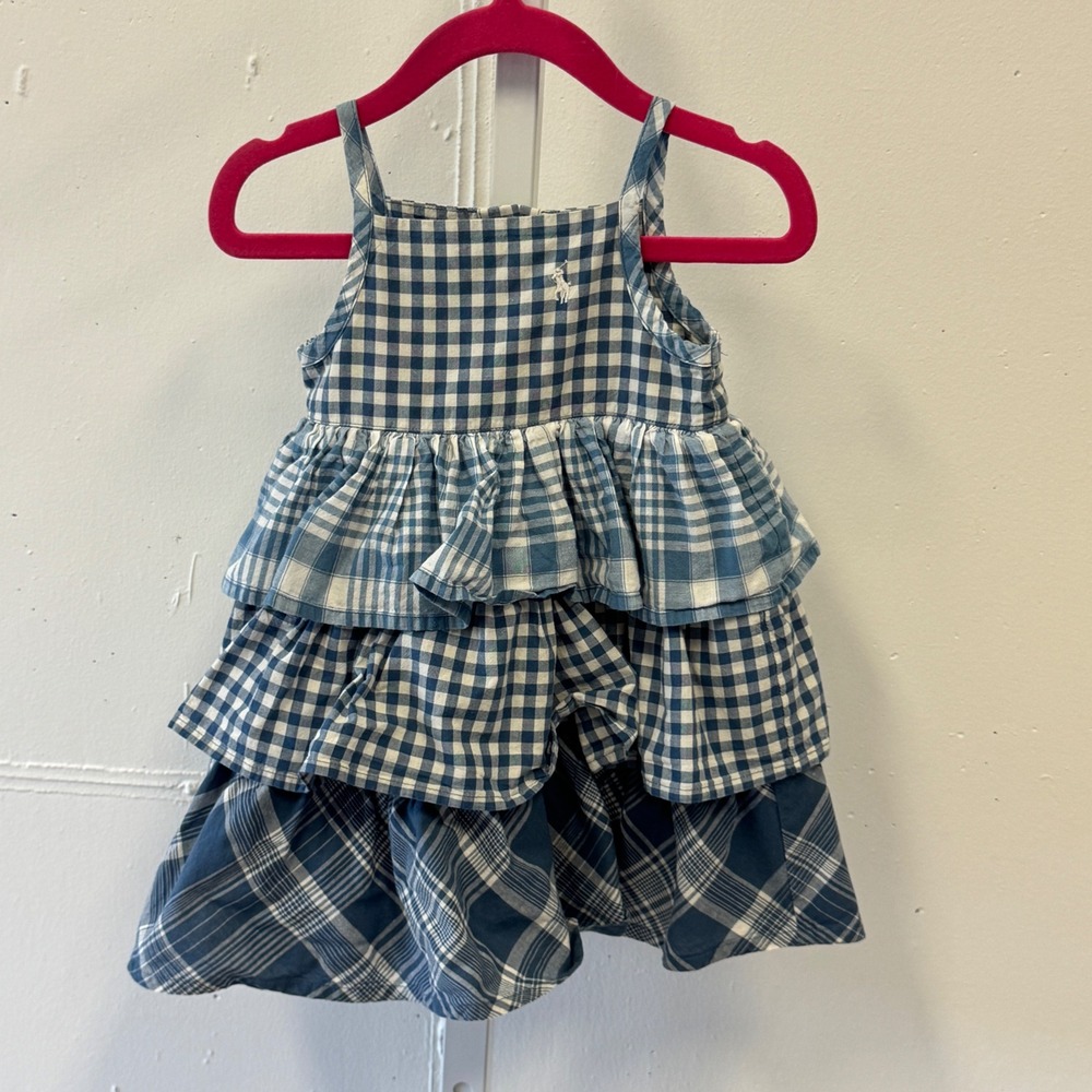 Ralph Lauren Baby Girls Blue Gingham Plaid Tiered Ruffle Dress 9M Picnic Dress
